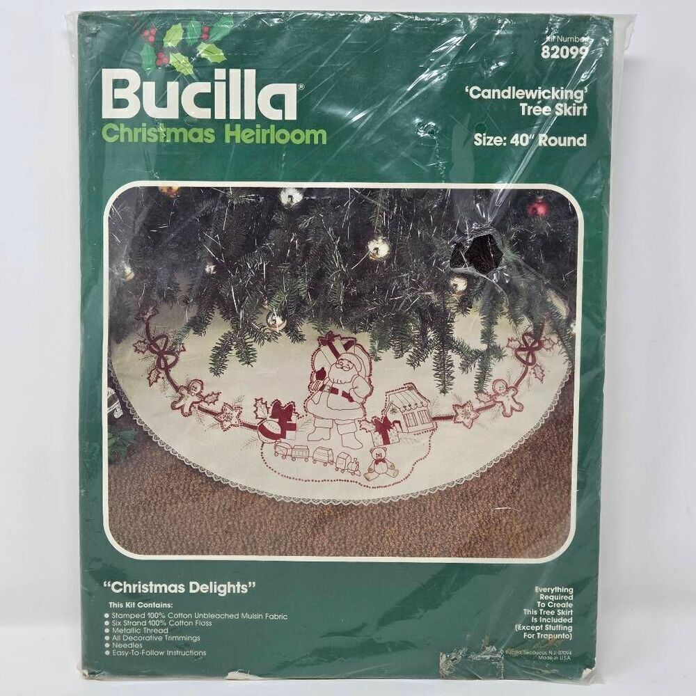 VINTAGE BUCILLA CANDLEWICKING CHRISTMAS TREE SKIRT KIT SANTA RARE 82099 40"